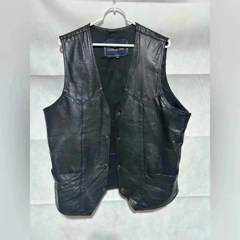 Leather World Lucky Leather Vest Black Mens 3XL Snap Buttons Biker Bikecore EUC!